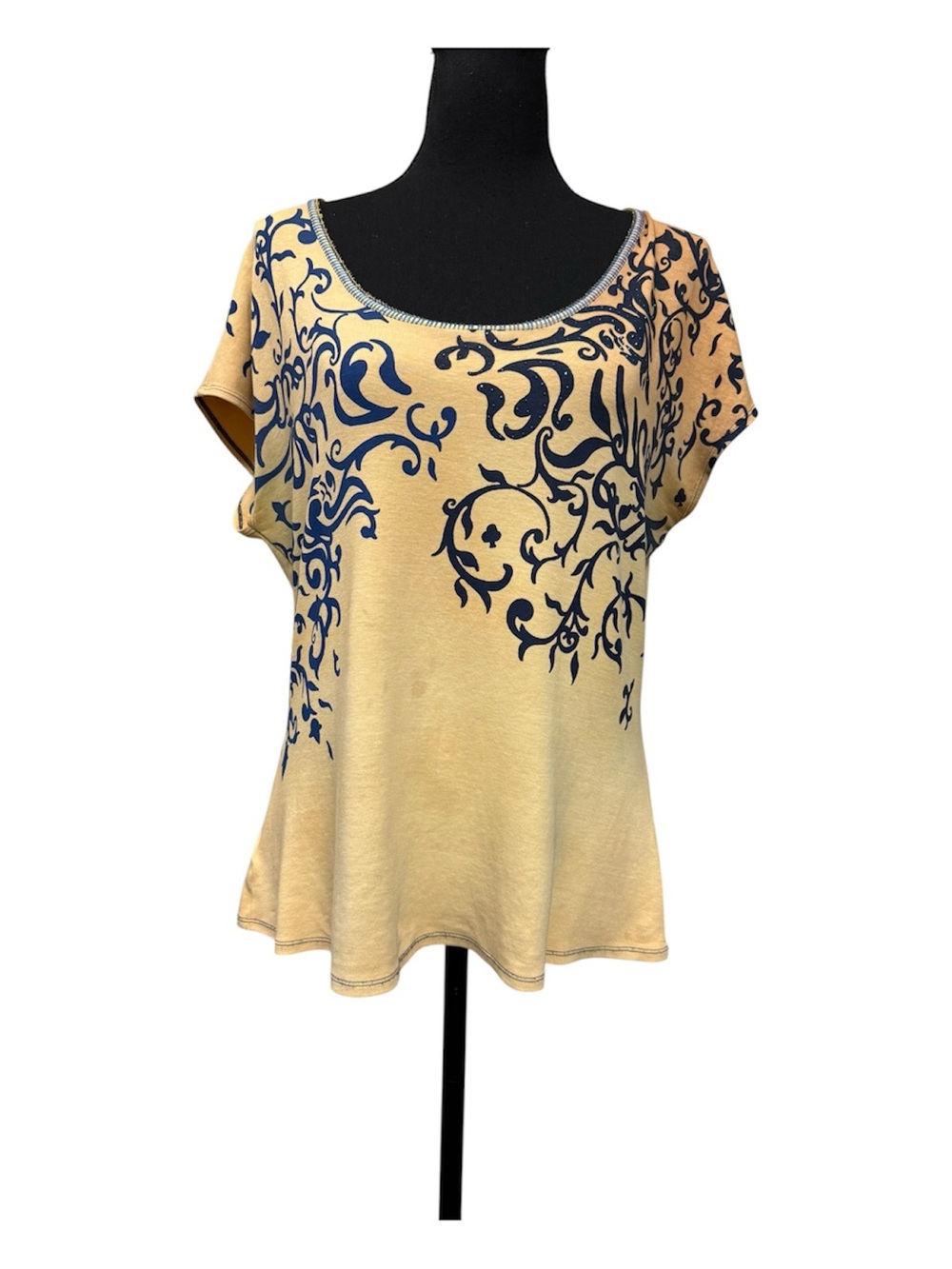 BambooCo XL Pima Cotton Navy Scroll Graphic Tan Stretch Short Sleeve Tee Top - Picture 2 of 14